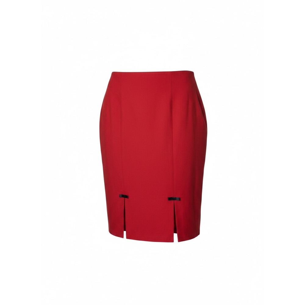 Belle Poque Red Retro Pencil Skirt XL High Waisted Bow Slit Knee Length NEW
